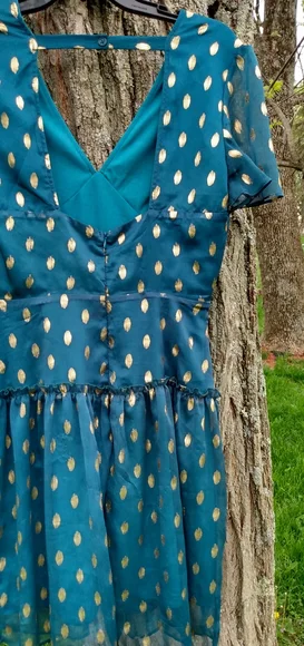 Francesca’s Green Dress w/ Gold Polka Dots S - Picture 3 of 6